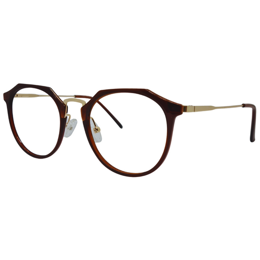 Óculos redondo marrom feminino com armação em acetato e metal leve e resistente. Imagem destacando o design moderno e as lentes transparentes, compatíveis com diferentes graus e tratamentos.