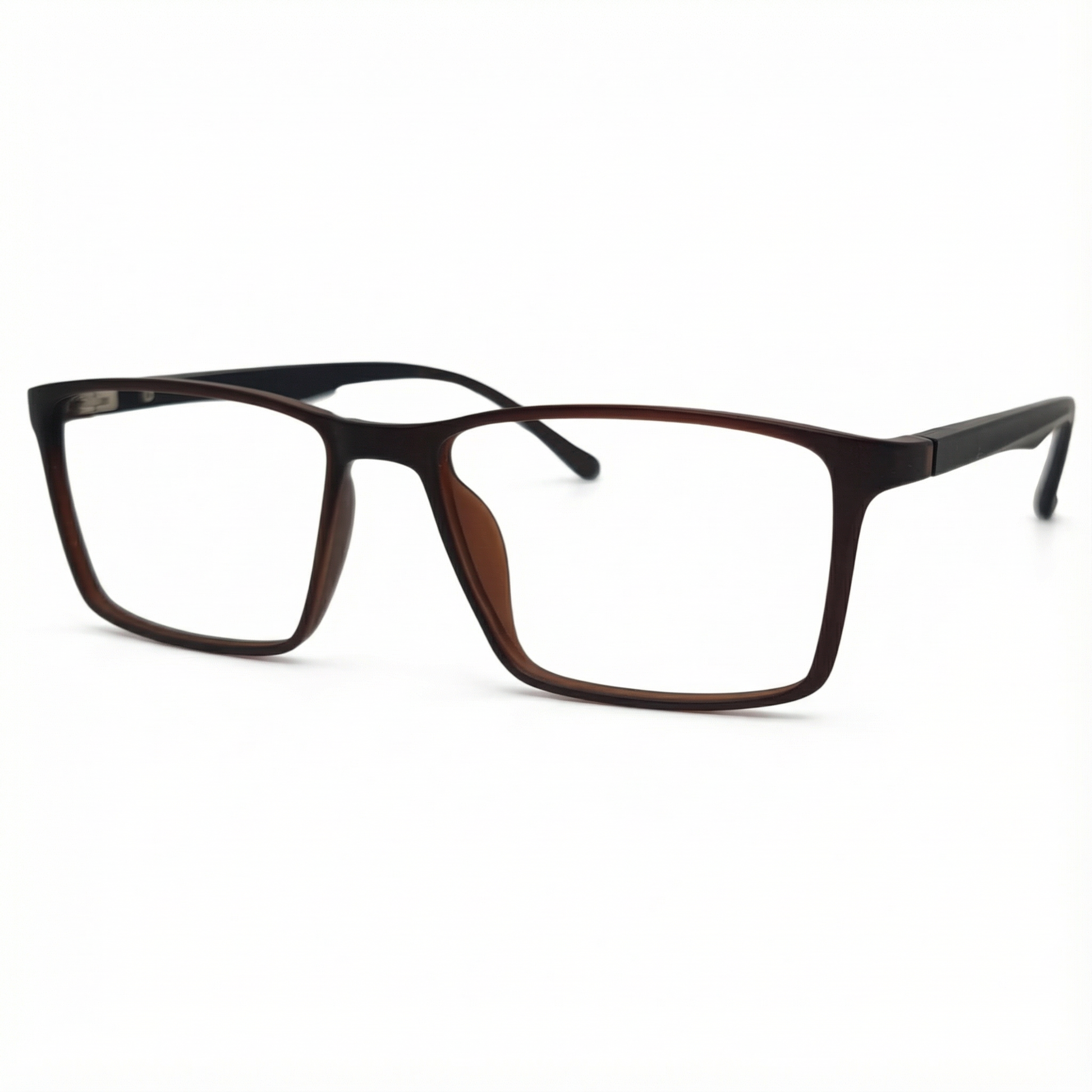 Óculos masculino quadrado marrom em acetato leve e resistente. Imagem destacando o design moderno, hastes sólidas e lentes transparentes compatíveis com diferentes graus.