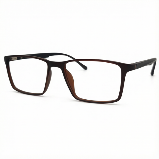 Óculos masculino quadrado marrom em acetato leve e resistente. Imagem destacando o design moderno, hastes sólidas e lentes transparentes compatíveis com diferentes graus.