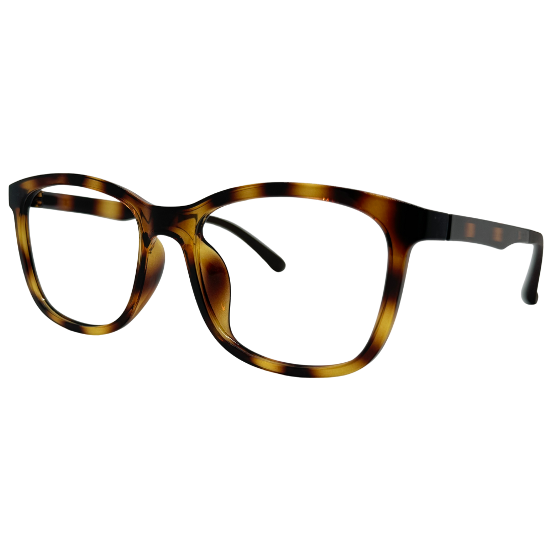 Óculos quadrado marrom tartaruga unissex com armação em acetato leve e resistente. Imagem destacando o design moderno e as lentes transparentes, compatíveis com diferentes graus e tratamentos.