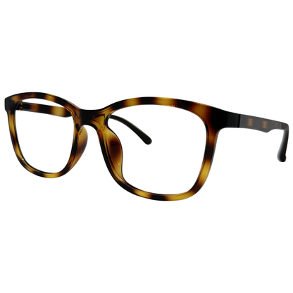Óculos quadrado marrom tartaruga unissex com armação em acetato leve e resistente. Imagem destacando o design moderno e as lentes transparentes, compatíveis com diferentes graus e tratamentos.
