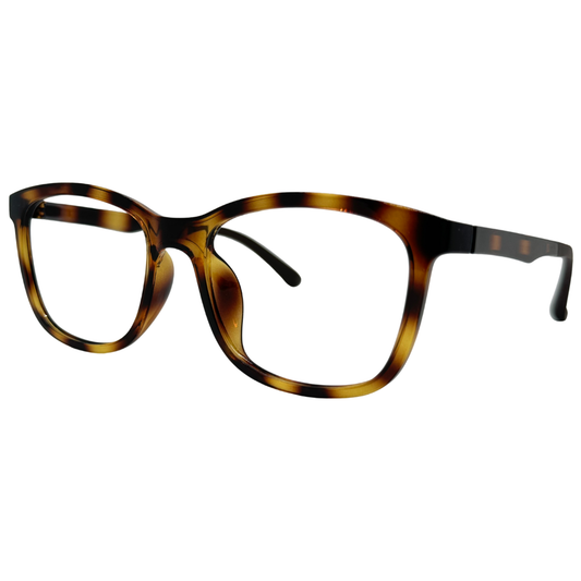 Óculos quadrado marrom tartaruga unissex com armação em acetato leve e resistente. Imagem destacando o design moderno e as lentes transparentes, compatíveis com diferentes graus e tratamentos.