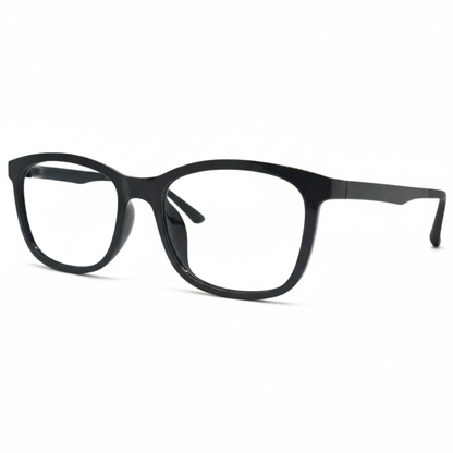 Óculos quadrado preto unissex com armação em acetato leve e resistente. Imagem destacando o design moderno e as lentes transparentes, compatíveis com diferentes graus e tratamentos.