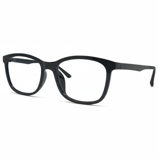 Óculos quadrado preto unissex com armação em acetato leve e resistente. Imagem destacando o design moderno e as lentes transparentes, compatíveis com diferentes graus e tratamentos.