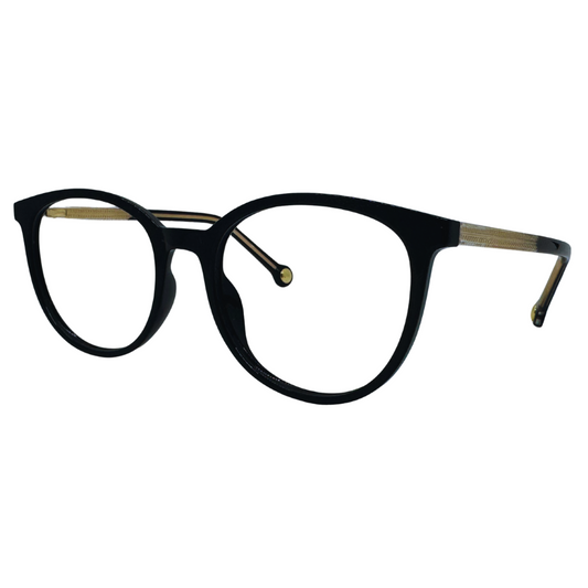 Óculos redondo preto feminino com armação em acetato leve e resistente. Imagem destacando o design clássico e as lentes transparentes, compatíveis com diferentes graus e tratamentos.