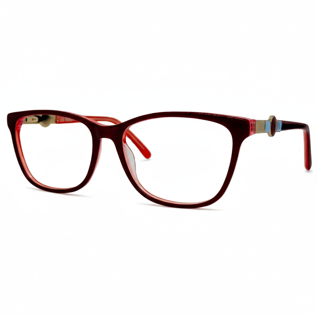 Óculos quadrado vermelho e laranja feminino com armação em acetato leve e resistente. Imagem destacando o design moderno e as lentes transparentes, compatíveis com diferentes graus e tratamentos.