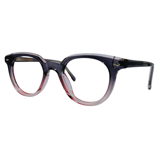 Óculos unissex cinza e rosa com armação em acetato leve e resistente. Imagem destacando o design quadrado redondo e as lentes transparentes, compatíveis com diferentes graus e tratamentos.