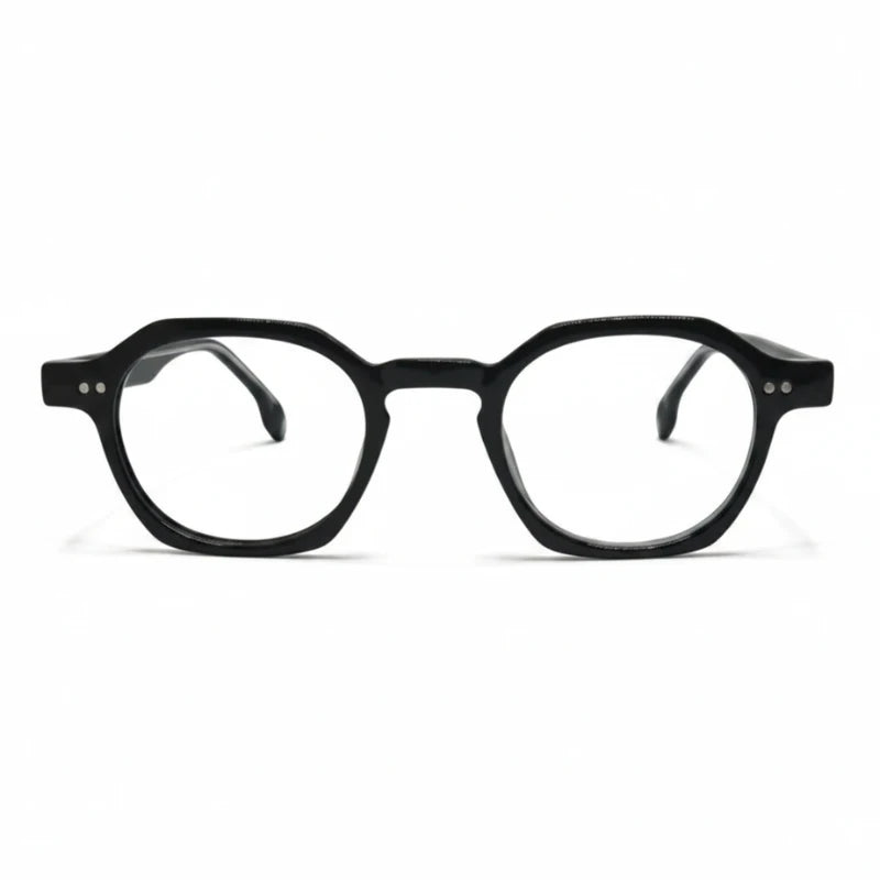 Vista frontal da armação de óculos redonda preta em acetato com design moderno e compatibilidade com lentes de grau.