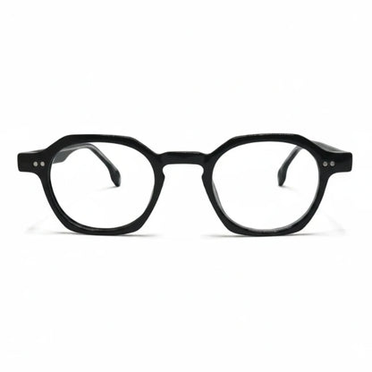 Vista frontal da armação de óculos redonda preta em acetato com design moderno e compatibilidade com lentes de grau.