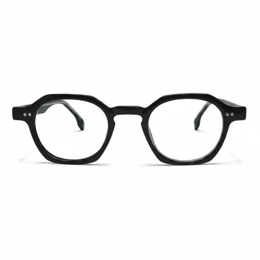 Vista frontal da armação de óculos redonda preta em acetato com design moderno e compatibilidade com lentes de grau.