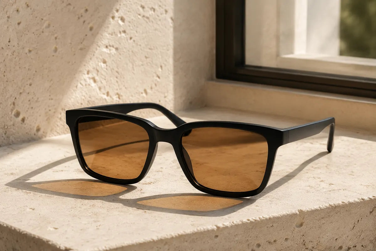Óculos de sol com armação quadrada e lentes marrons sobre uma superfície de pedra