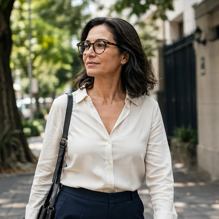 Mulher de óculos olhando ao longe durante uma caminhada