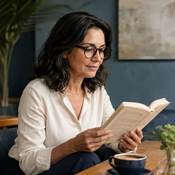 Mulher de óculos lendo um livro