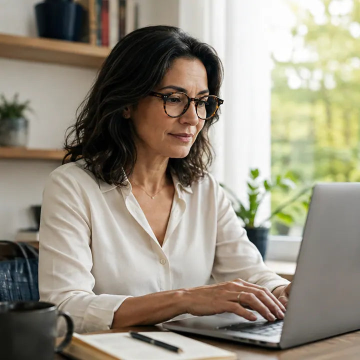 Mulher de óculos trabalhando em um computador